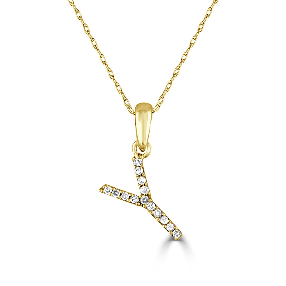 Diamond Initial Letter Y Pendant Necklace 14K Gold 1/10 CT TDW 16" Chain 16" Chain