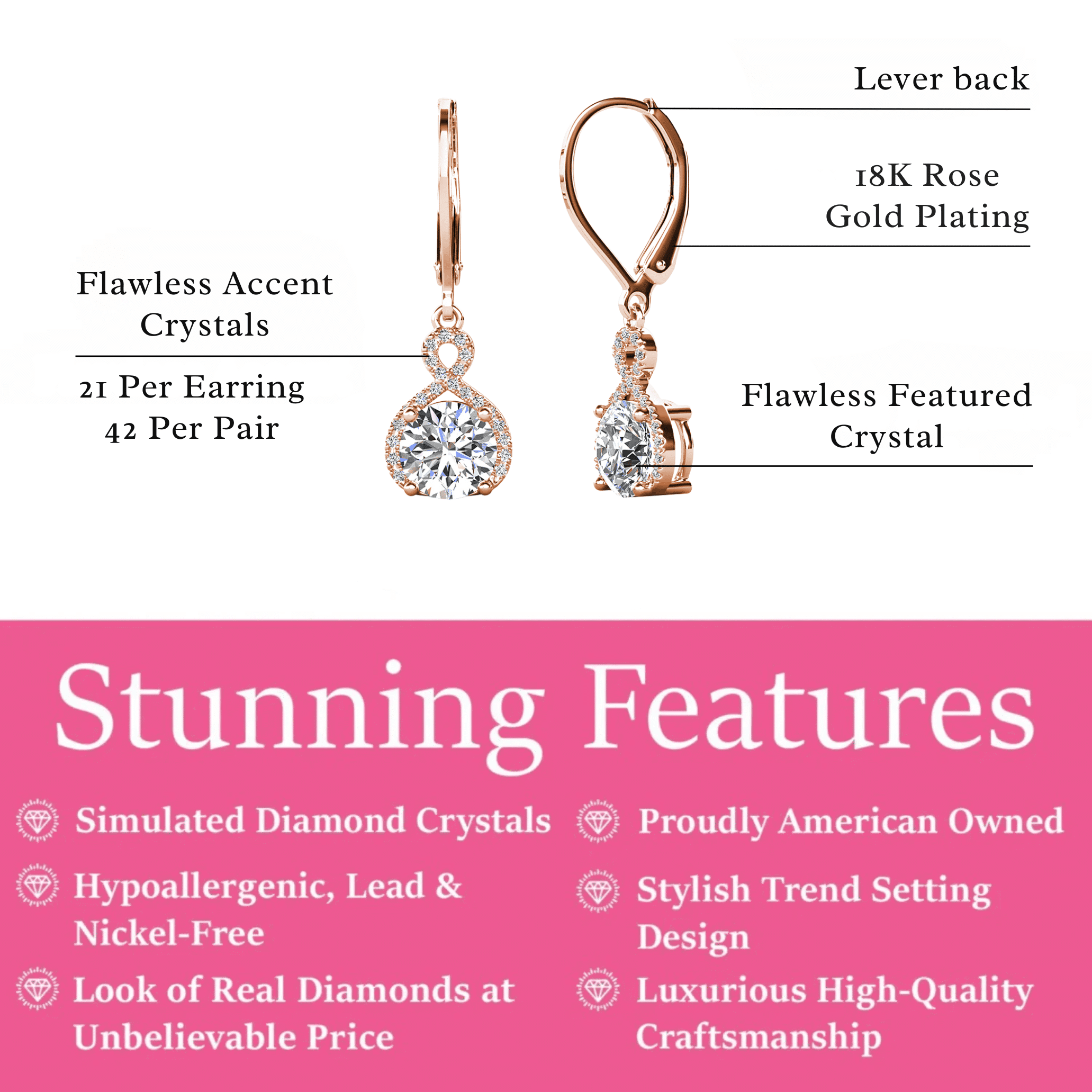 Cate & Chloe Alessandra 18k Rose Gold Plated Earrings with Simulated Diamond Crystals for Women