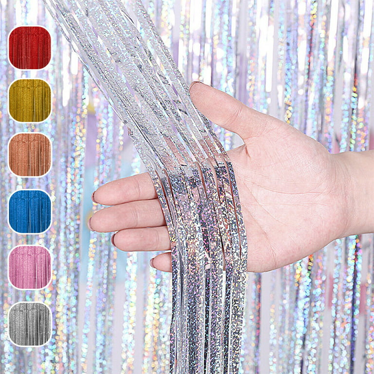 Metallic Foil Fringe Curtains Tinsel Curtain Photo Backdrop Birthday Party Decoration, Size: 3.28' x 6.56', Silver