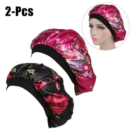 - 2PCS Womens Printed Wide Brim Sleeping Turbans Caps Night Sleep Caps Floral Hats