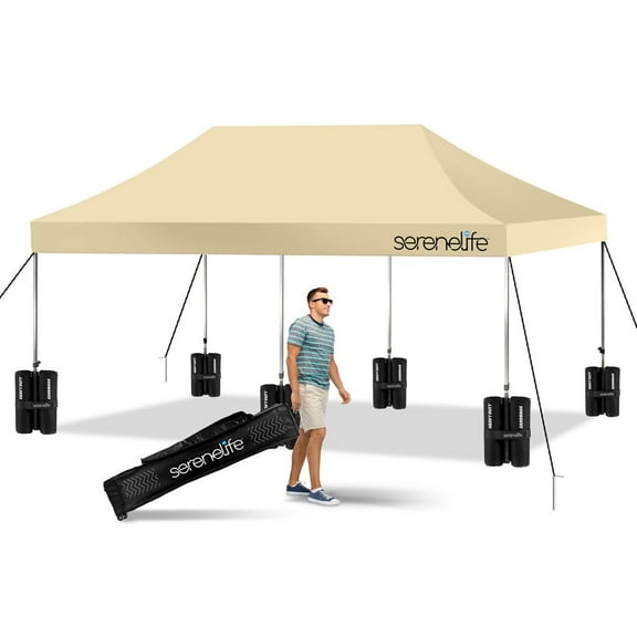 SereneLife 10x20 Commercial Instant Shelter Foldable/Collapsible Sunshade Canopy Pop up Tent, Khaki