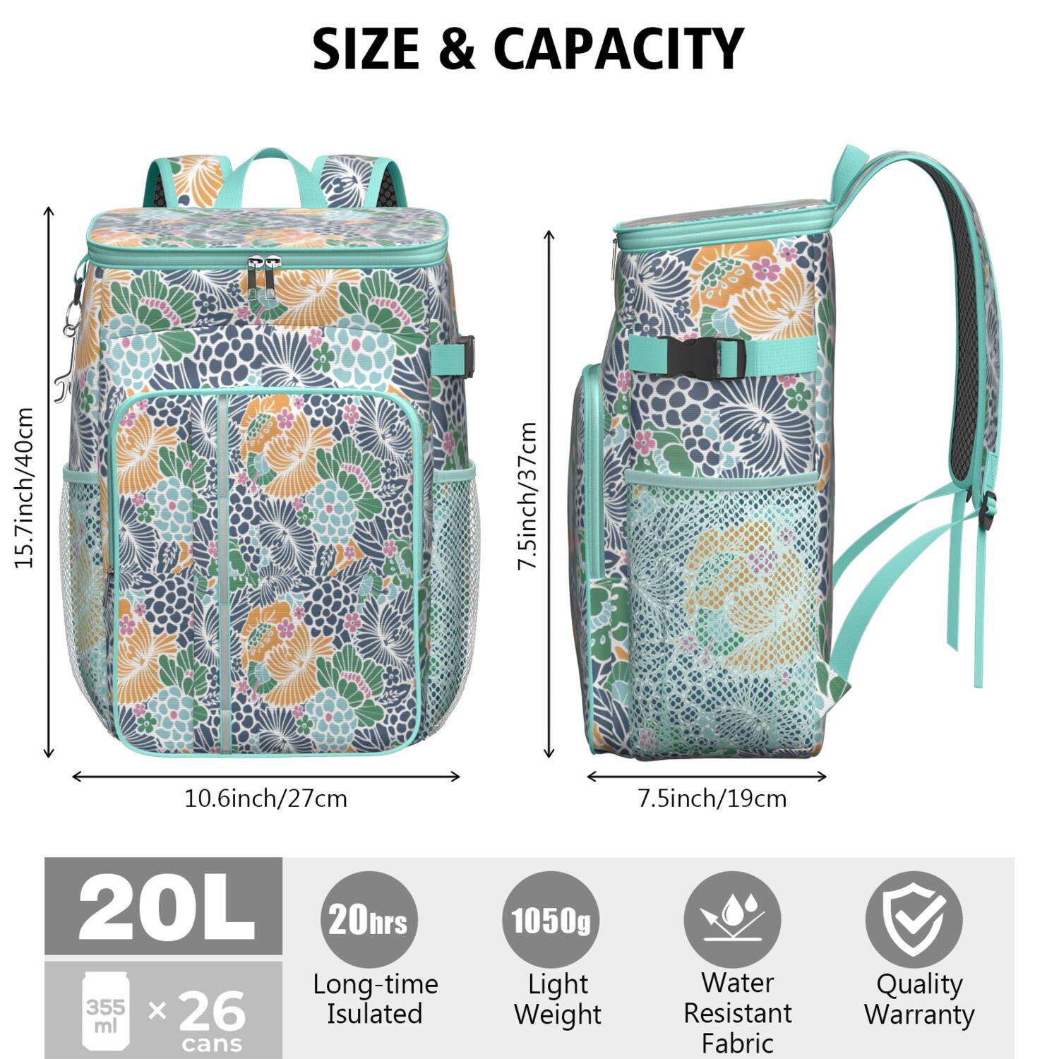 Travel Cooler Bag - Pioneer Flower Floral Print Pattern Camping Beer Cooler Backpack with Bottle Opener- Waterproof Insulated Picnic Backpacks - Cooler Bag for Beach