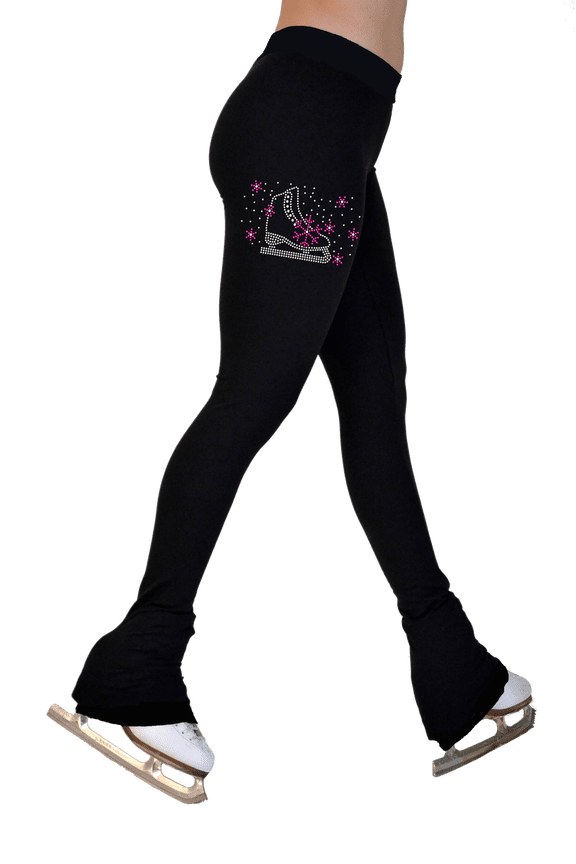 Chloe Noel P622F All Black 3" Waist Band Light Weight Fleece Figure Skating Pants w/ Skate/Fuchsia Snowflakes Crystals