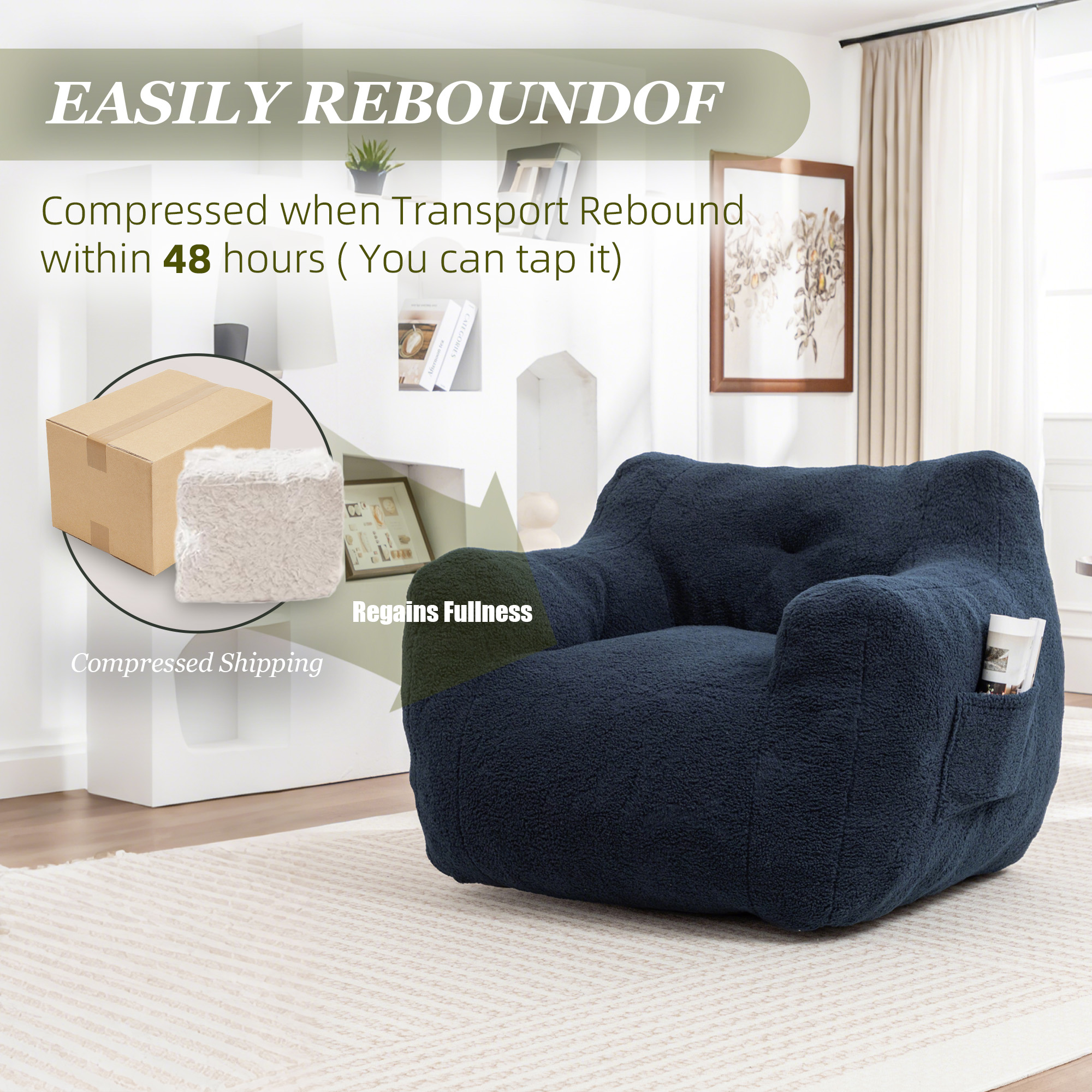 MOONMISS Bean Bag Chair, Bean Bag Sofa Chair with Armrests Stuffed High-Density Foam, Lazy Sofa Comfy Chairs BeanBag Chair for Adults in Living Room,Bedroom Reading,Navy Blue