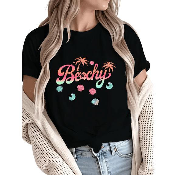 Giffimy Women Beachy Pink Teal Gradient Shell Palm Tree Graphic Tees T-Shirt Tops Round Neck Cotton T-Shirt Black S-5XL