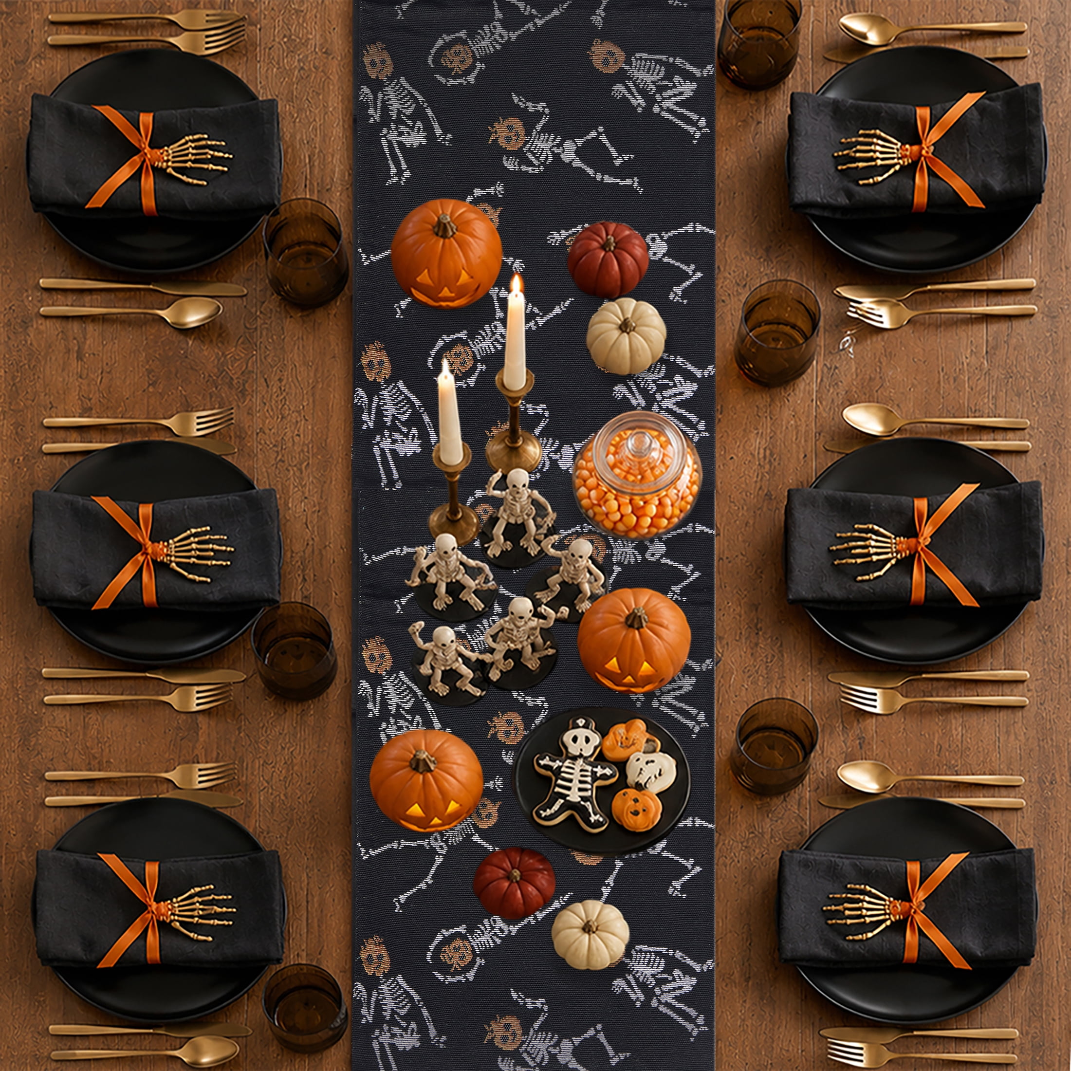Halloween Pumpkin Skeletons 13" x 72" Table Runner - 65% Cotton, 35% Polyester, Black