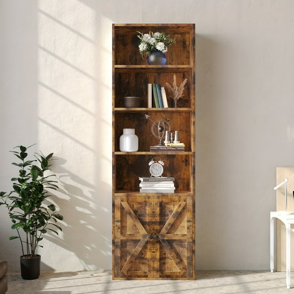 6 Tier Tall Corner Bookcase with Doors Storage Space Saving Freestanding Cabinet for Small Spaces Home Office Living Room Engineered Wood Media Rack Easy Assembly 27H Brown Black White