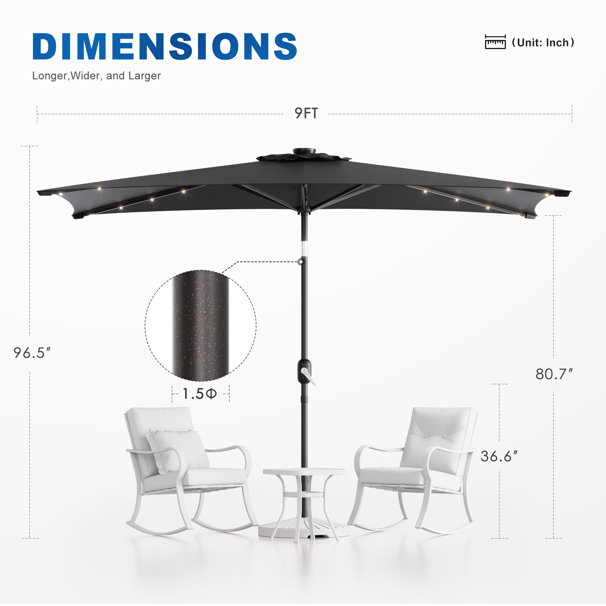 CHYVARY LED Outdoor Patio 6x9ft Deck Solar Light Market Umbrella, Outside Table Umbrellas With Polyester canopy,Anthracite