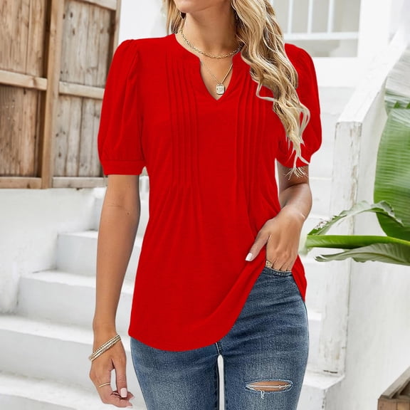 Womens Short Sleeve Tops Womens V Neck Tops Puff Short Sleeve T Shirt Pleated Floral Printed Tunic Blouse Shirts Tops for Women