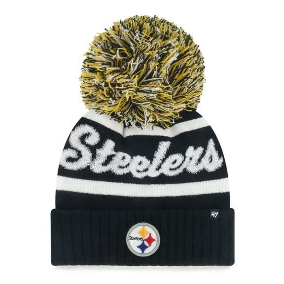 Women's '47 Black Pittsburgh Steelers Spirited Cuffed Knit Hat with Pom