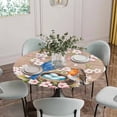 thumbnail image 2 of Birds Floral Fitted Tablecloth with Elastic Edged, Round Table Cloth for Dining Table, Farmhouse Pink Flower Leaf Wood Grain Brown Waterproof Oil Proof Table Cover for Indoor Outdoor 55"-60", 2 of 8