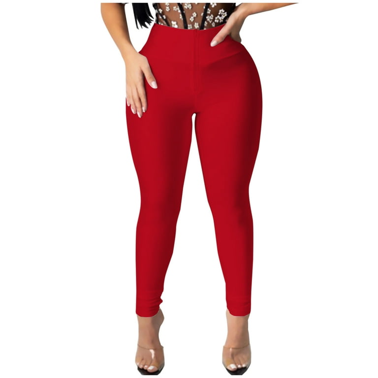 absuyy High Waisted Leggings for Women Solid Color Zipper Fashion Slim Fit  Casual Elastic Full Length Pants Red Size 2XL