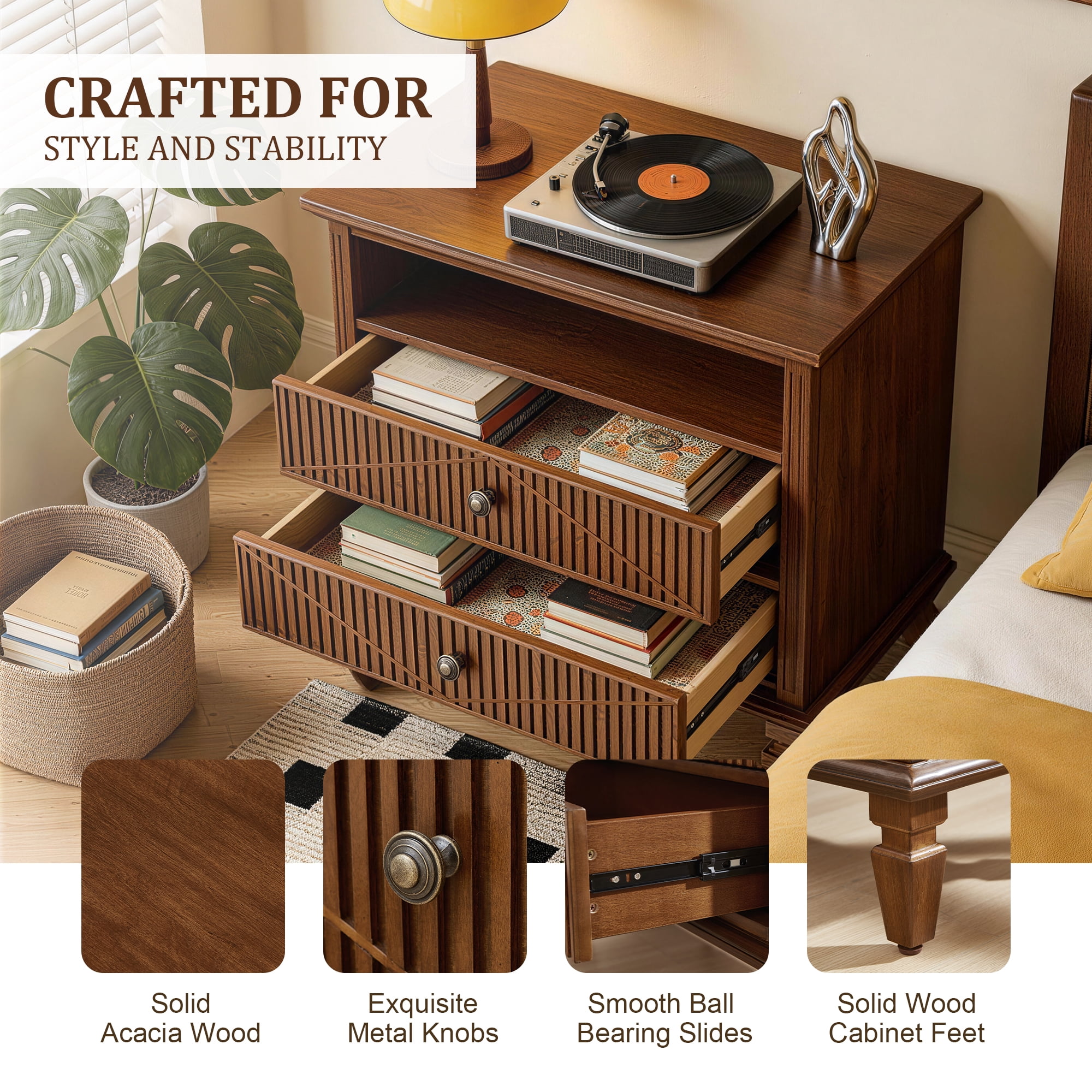 GARITIN Farmhouse Nightstand with Charging Station, 2-Drawer Engineered Wood Storage Cabinet, Bedside Table for Bedroom Guest Room, Walnut