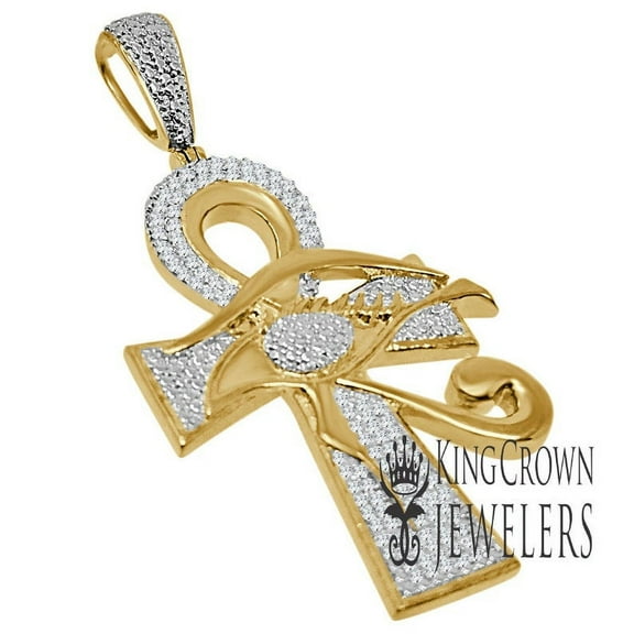 Mens Genuine Real Diamond Egyptian Evil Eye Ankh Cross Charm 10K Gold Finish Pendant