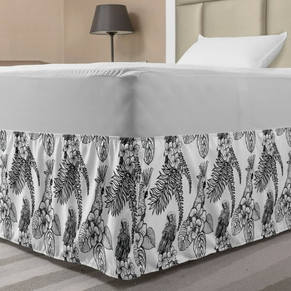 Bird Print Bed Skirt, Tropical Plants and Exotic Birds Monochrome Outline Pattern, Elastic Bedskirt Dust Ruffle Wrap Around for Bedding Decor, 4 Sizes, Charcoal Grey White, by Ambesonne