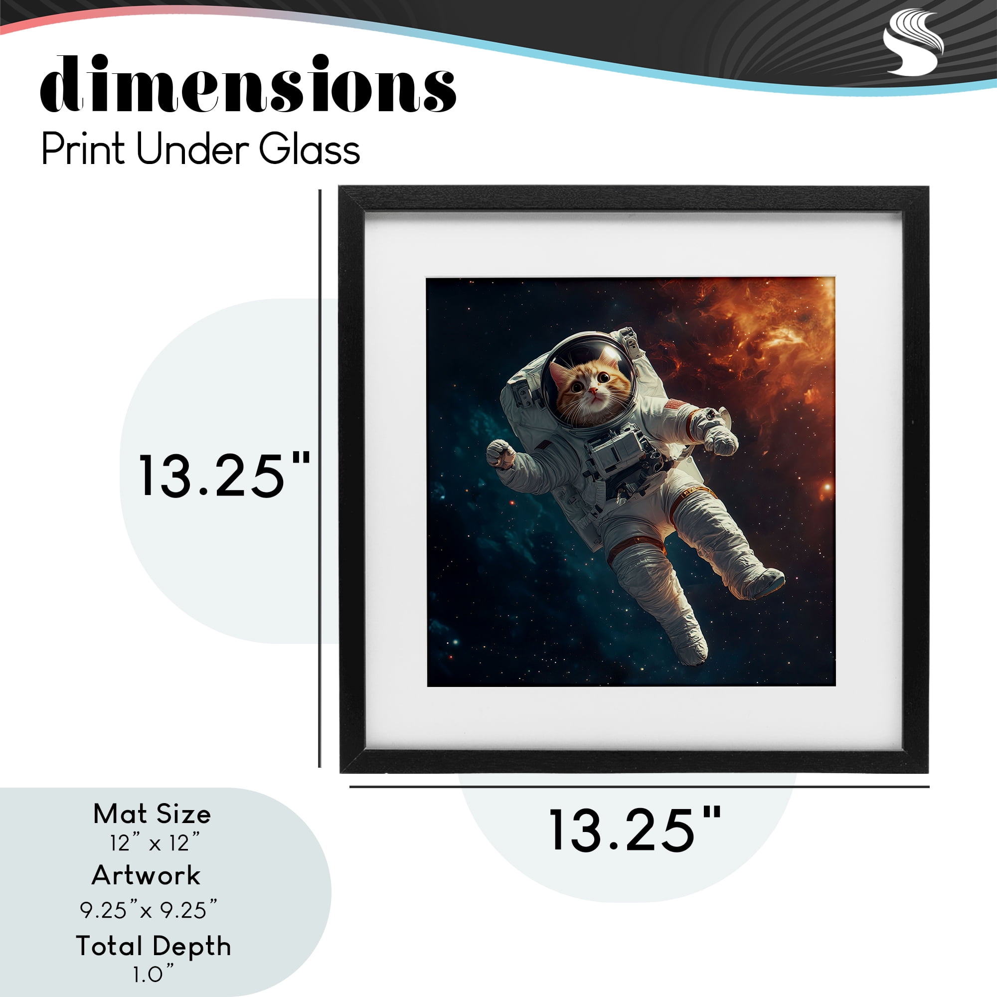 Interstellar Cat Astronaut Black Framed Print Under Glass, design by Jim Baldwin