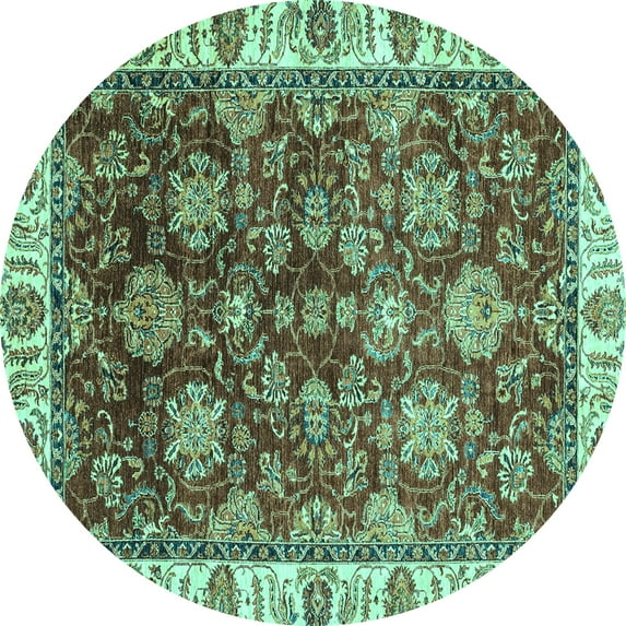 Ahgly Company Machine Washable Indoor Round Oriental Turquoise Blue Traditional Area Rugs, 8' Round
