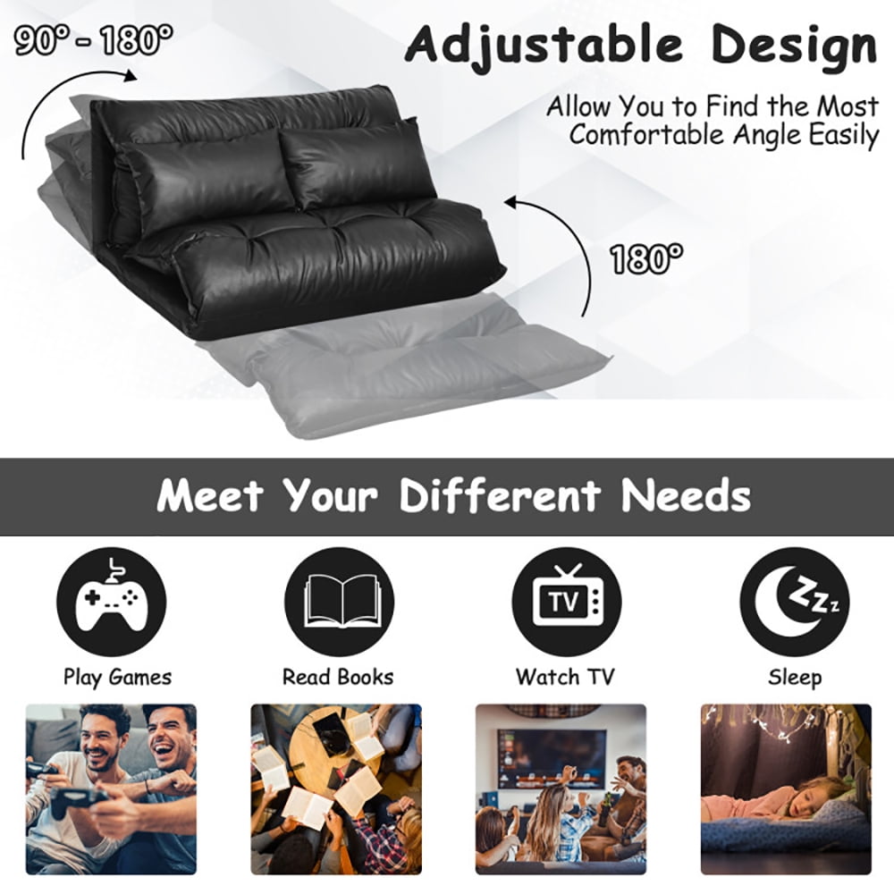 Finihen PU Leather Leisure Floor Sofa Bed, Folding Sleeper Chair Sofa Bed, Foldable PU Leather Leisure Floor Sofa Bed with 2 Pillows, for Living Room, Bedroom, Black Finihen PU Leather Leisure Floor Sofa Bed, Folding Sleeper Chair Sofa Bed, Foldable PU Leather Leisure Floor Sofa Bed with 2 Pillows, for Living Room, Bedroom, Black