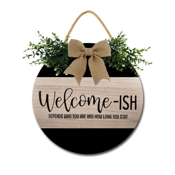Welcome-ish Sign for Front Door Decorations, Rustic Round Wood Holiday Sign, Front Door Wreath Burlap Wooden Hanging Signs for Outdoor Farmhouse Porch Home Christmas Holiday Decor