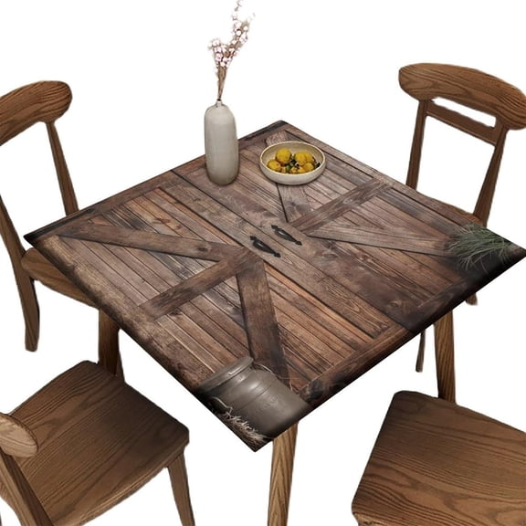 Elastic Edge Square Fitted Tablecloth, Farmhouse Countryside Wood Board Polyester Table Cover, for Outdoor Picnic Camping and Indoor Kitchen Dining Party, Fit for 36" x 36"Square Table