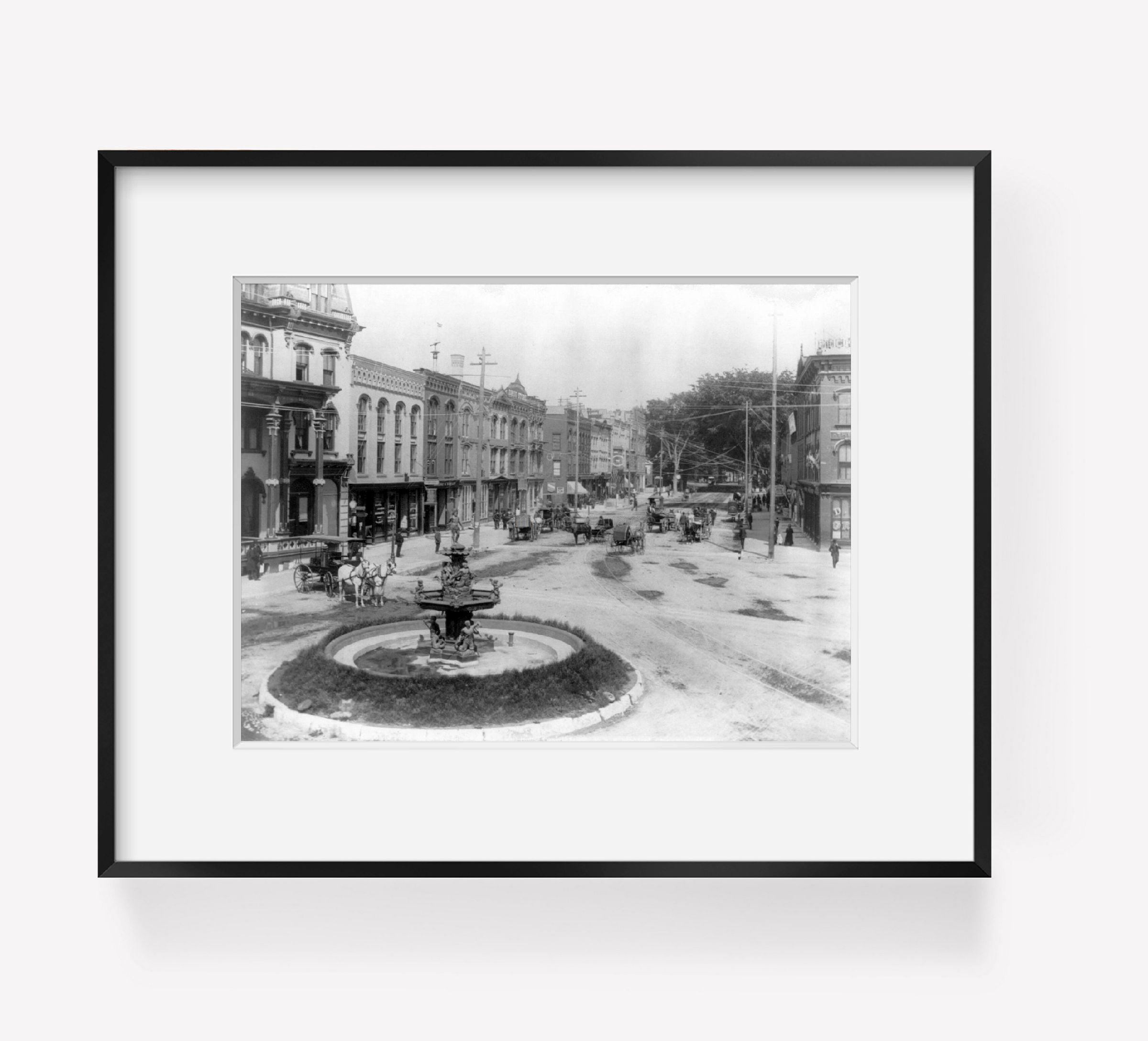 Photo Town square, fountain, carts, wagons, Glens Falls, NY, c1889