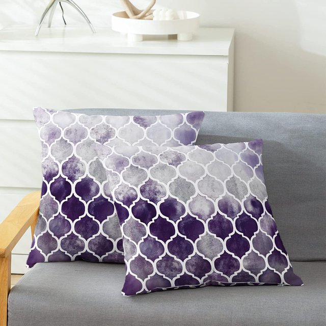 2 uds fundas de cojines pintadas a mano estampado de cadena de celosía geométrica 45cm x 45cm gris a mano púrpura TUNC Sencillez