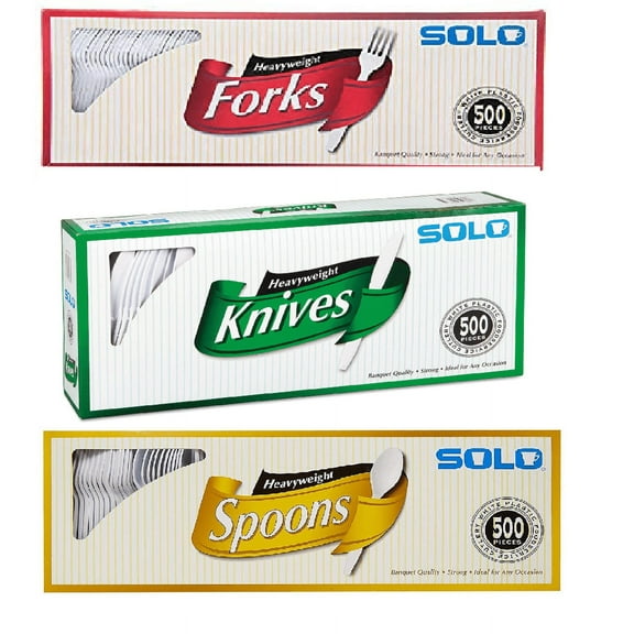 Solo White Heavy Weight Cutlery Spoons, Forks, Knives (500 Each) Party Bundle