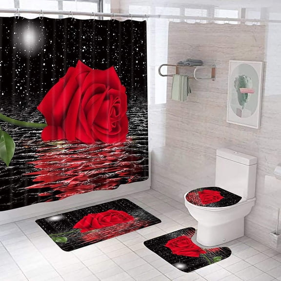Shower Curtain,4 Pcs Toilet Lid Cover And Bathroom Mat Set Accessories Shower Curtain Sets With Non Slip Rugs