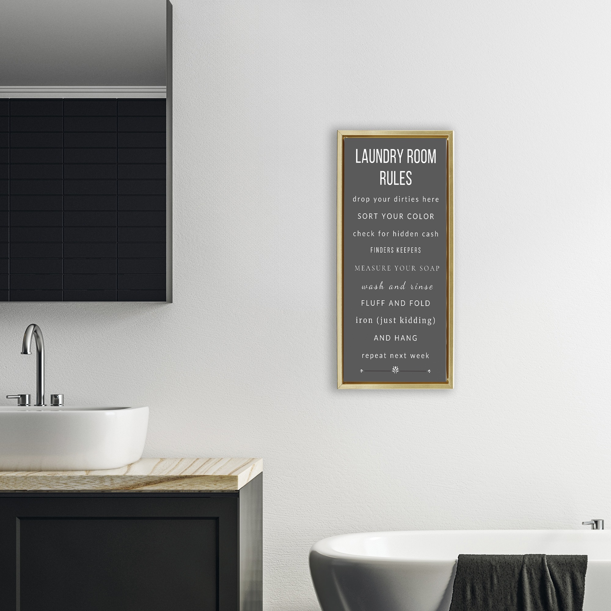 Grey Rules of Laundry Room Gold Framed Floater Canvas Wall Art, design by Julia Frost
