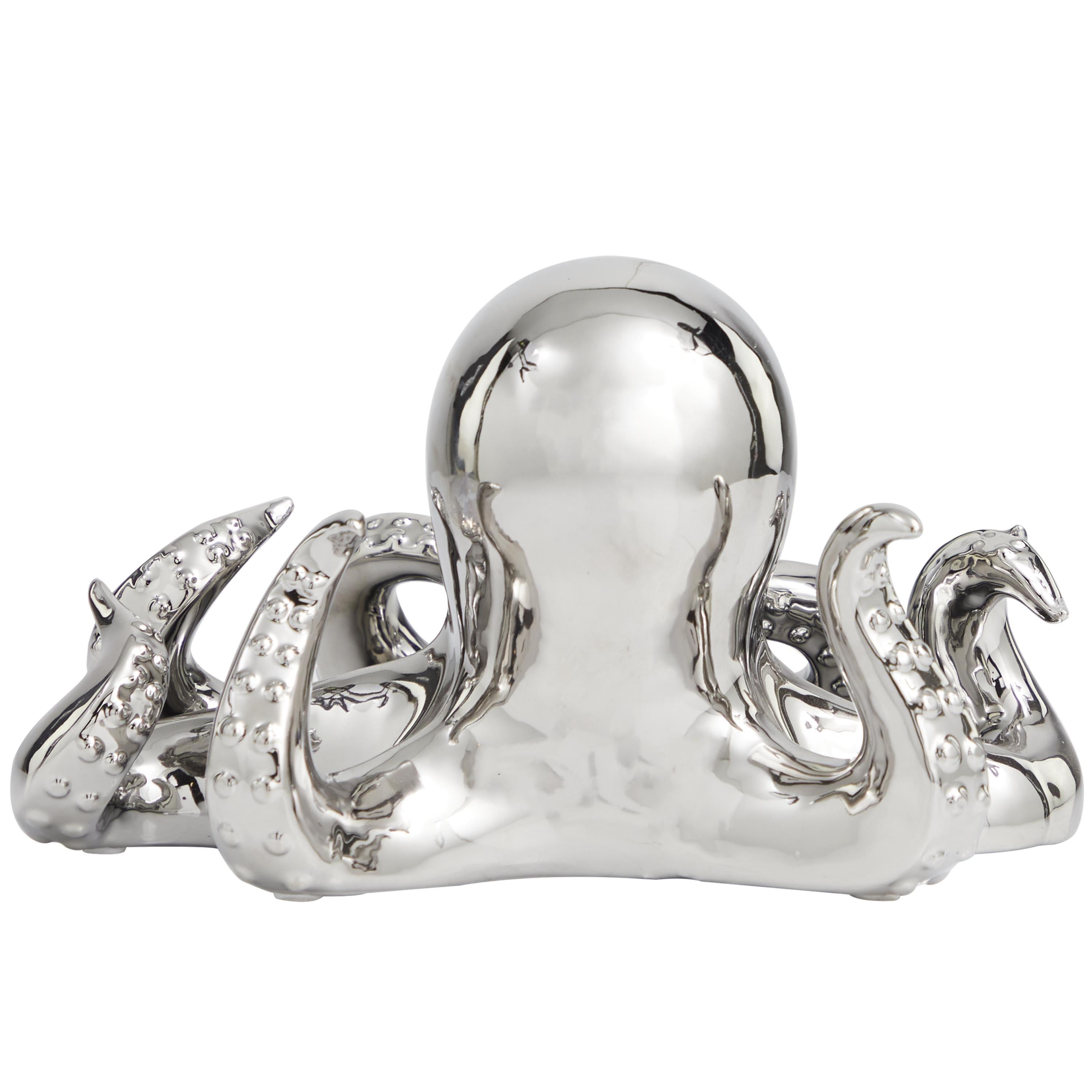 12" x 7" Silver Ceramic Octopus Sculpture with Textured Tentacles, by DecMode