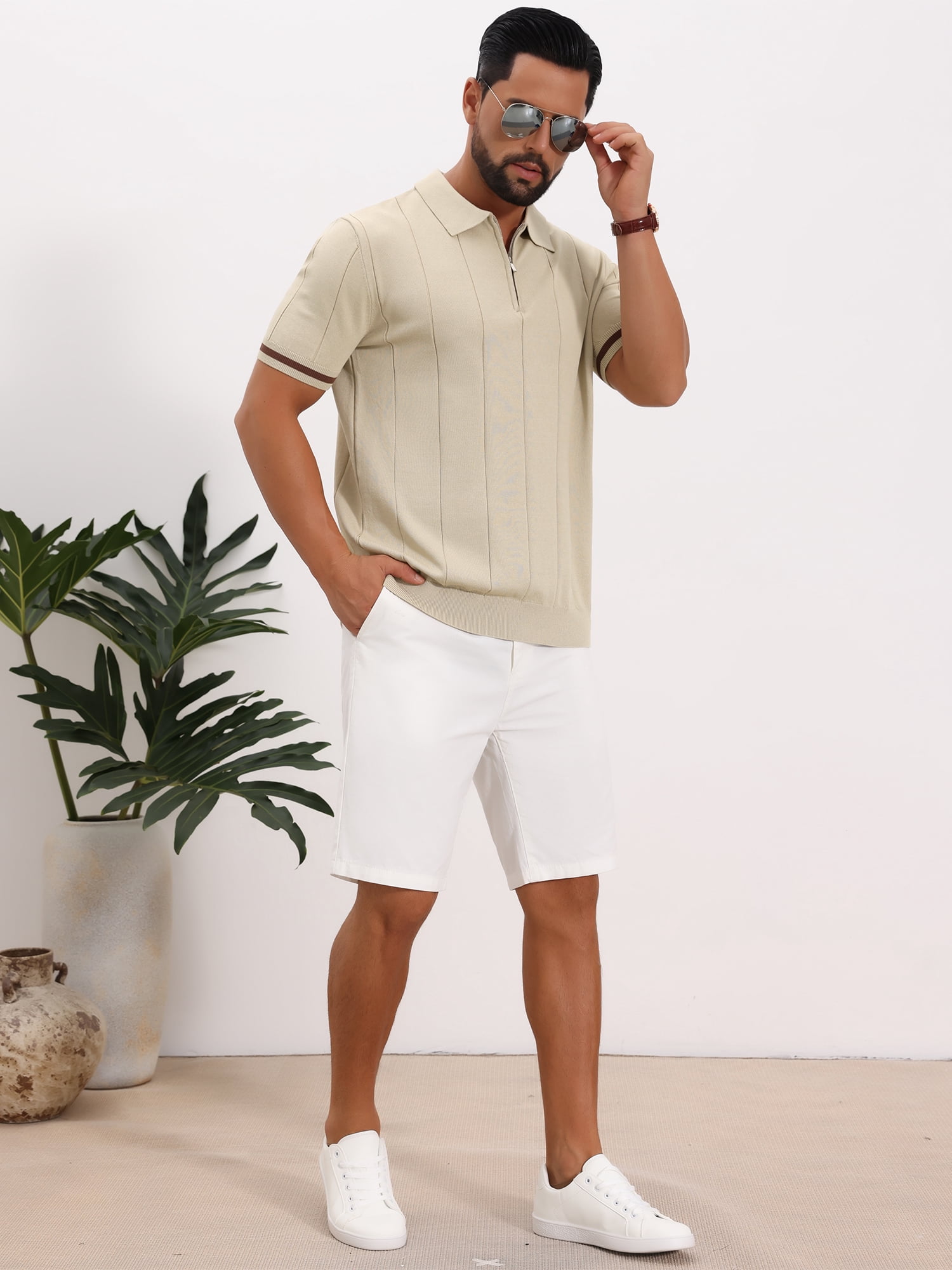 DARING DIVA Men's Textured Zip Up Ribbed Hem Short Sleeve Golf Polo Shirts L Beige