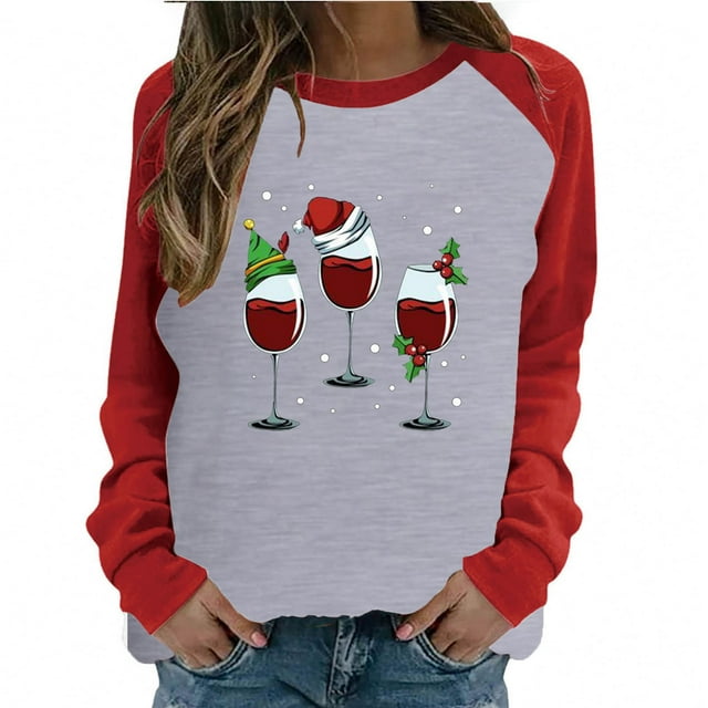 Red Wine Glass Christmas Sweatshirt for Women Raglan Long Sleeve Xmas Pullover Tops Color Block Shirt Blouse Tops