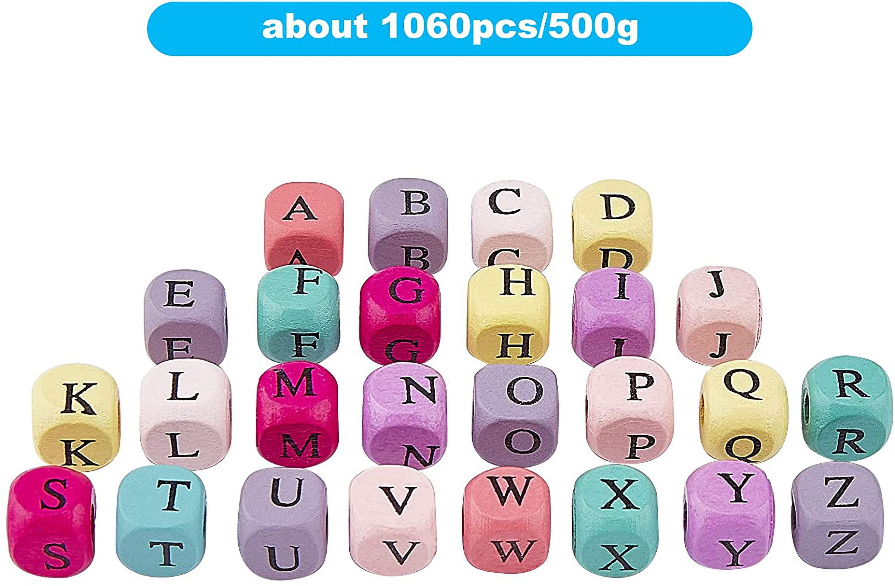 1060pcs 10mm Alphabet Wooden Beads Random Alphabet Mixed Colored Square Wooden Beads Wooden Loose Beads with Initial Letter for Jeweley Making