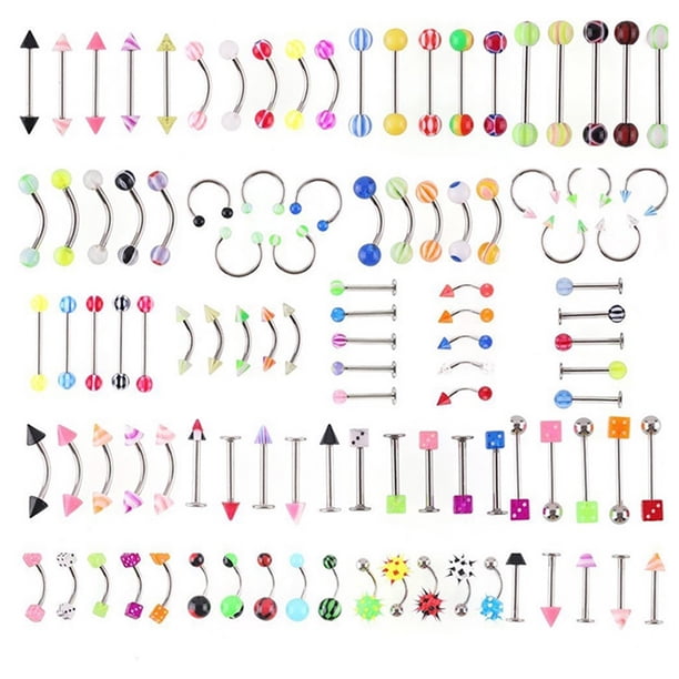 Joyería Irfora Kit de joyería 105pcs Piercing del cuerpo de acero inoxidable del ombligo El trago del labio de la ceja de la nariz piercing en el pezón anillo de la barra multicolor Irfora Joyería