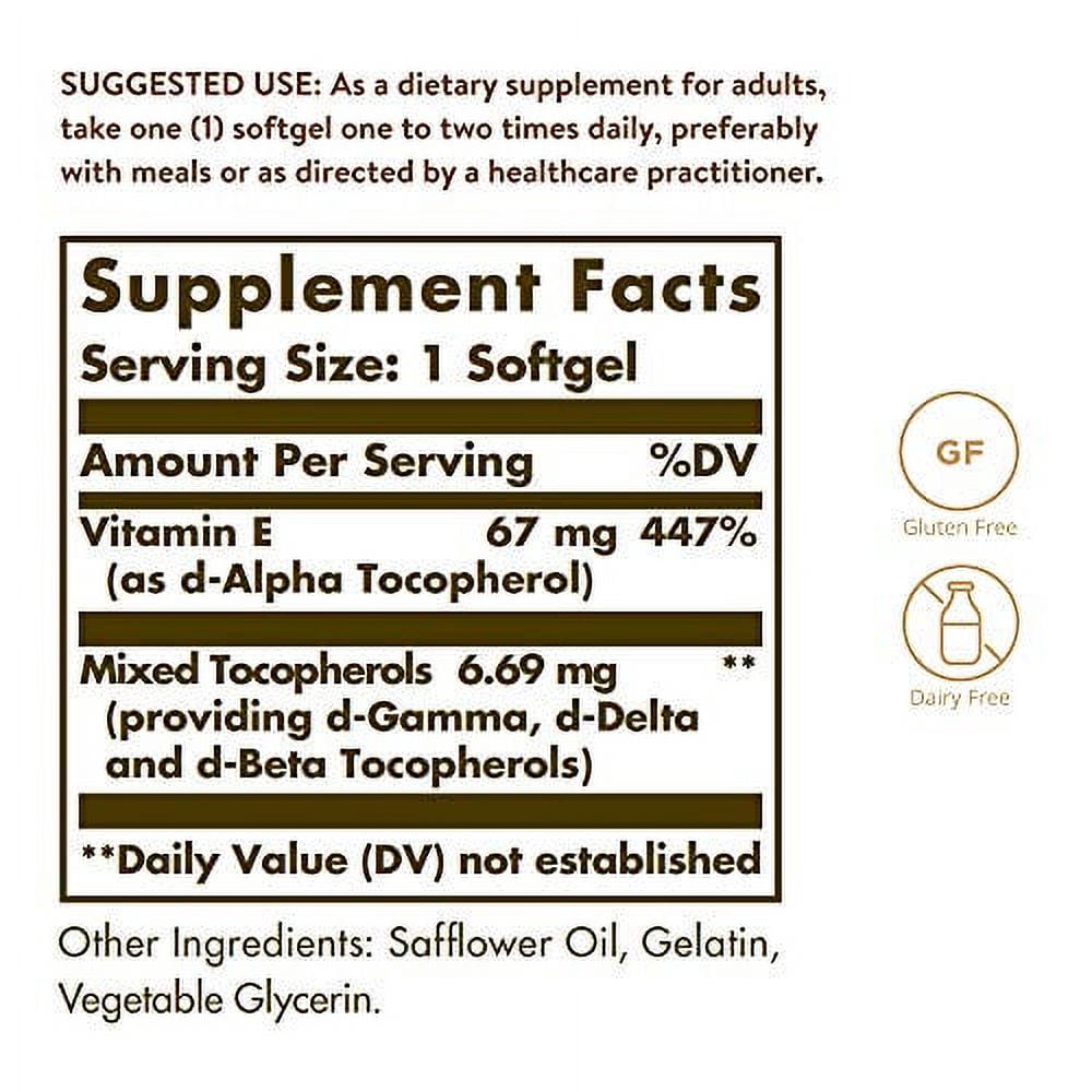 Solgar Vitamin E 67 MG (100 IU) Mixed Softgels (d-Alpha Tocopherol & Mixed Tocopherols) 1 ea