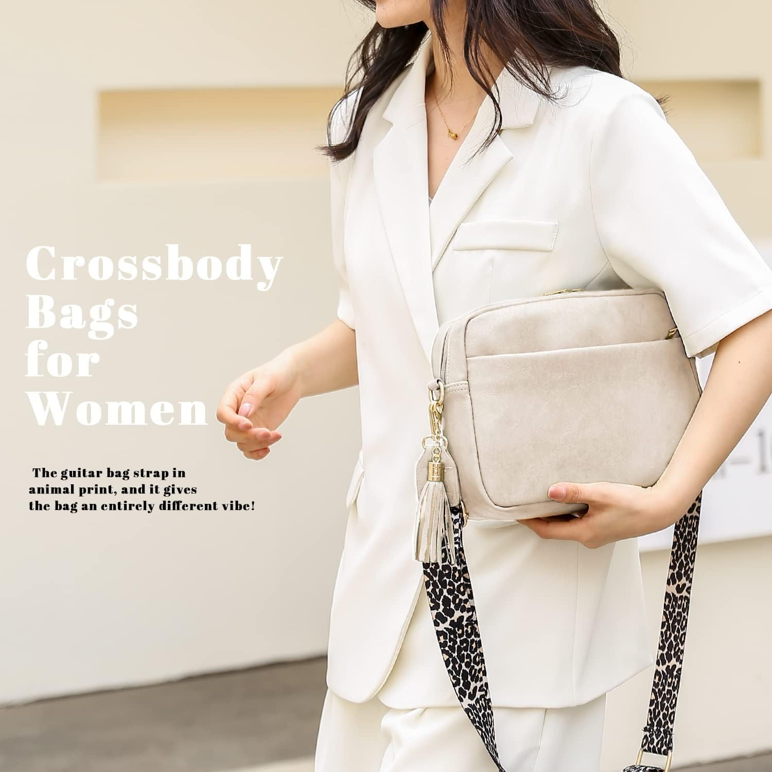 Crossbody Bag for Women Vegan Leather Shoulder Purse with Leopard Adjustable Strap Midsize Zipped Handbag