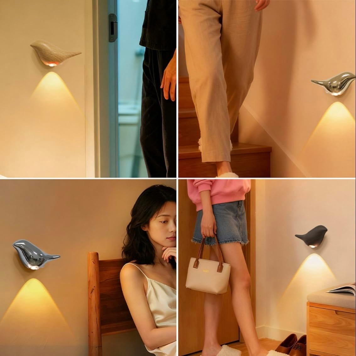 Modern Bird Motion Sensor Wall Light – Magnetic Wireless Night Light with 3 Color Modes (Warm/Neutral/White), Type-C Rechargeable LED Wall Sconce for Bedroom, Hallway, Nursery, Bathroom (Silver)