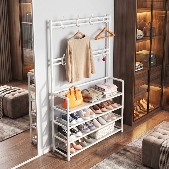 NUBILY 4 Tier Coat Rack with Shoe Storage Shelf Freestanding with 8 Removable Hooks for Entryway Bedroom Closet Modern Style Coat Tree,White