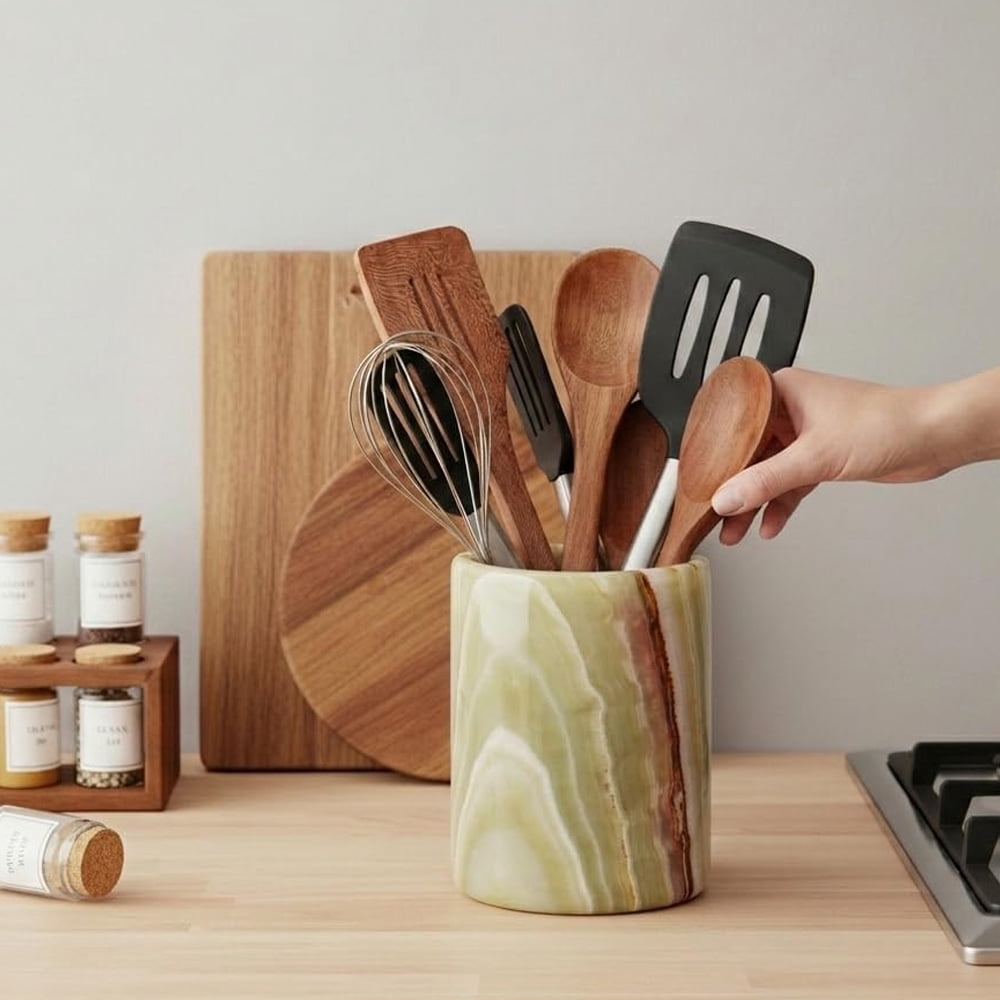 Radicaln Marble Utensil Holder for Kitchen Counter 6.5 inches – Green Onyx Cooking Utensil Organizer, Spoon and Ladle Holder, Kitchen Counter Décor
