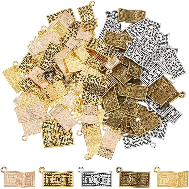 100 piezas de dijes de dinero de 2 estilos, 5 colores, dijes de billetes de dólar plateados y dorados, dije de aleación de moneda de billete de 100 dólares