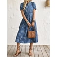 thumbnail image 4 of Blue Boho Floral Print Midi A-Line Dress With Ruffle Notched Neck Short Puff Sleeves, 4 of 7