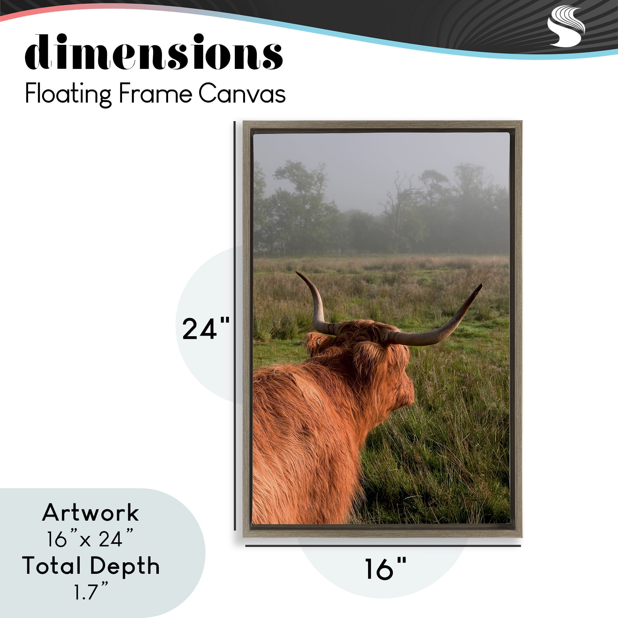 Highland Cow Gazing Out Brown Framed Floater Canvas Wall Art, design by Jenny Rainbow Fine Art