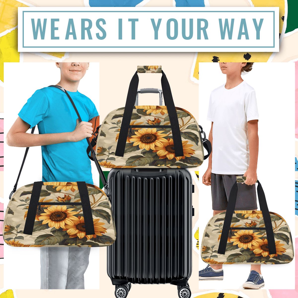 Herdesigns Sunflowers Sports Duffle Bag for Women & Men, Floral Gym Bag Dance Bag Overnight Bag Carry On Weekender Travel Bag