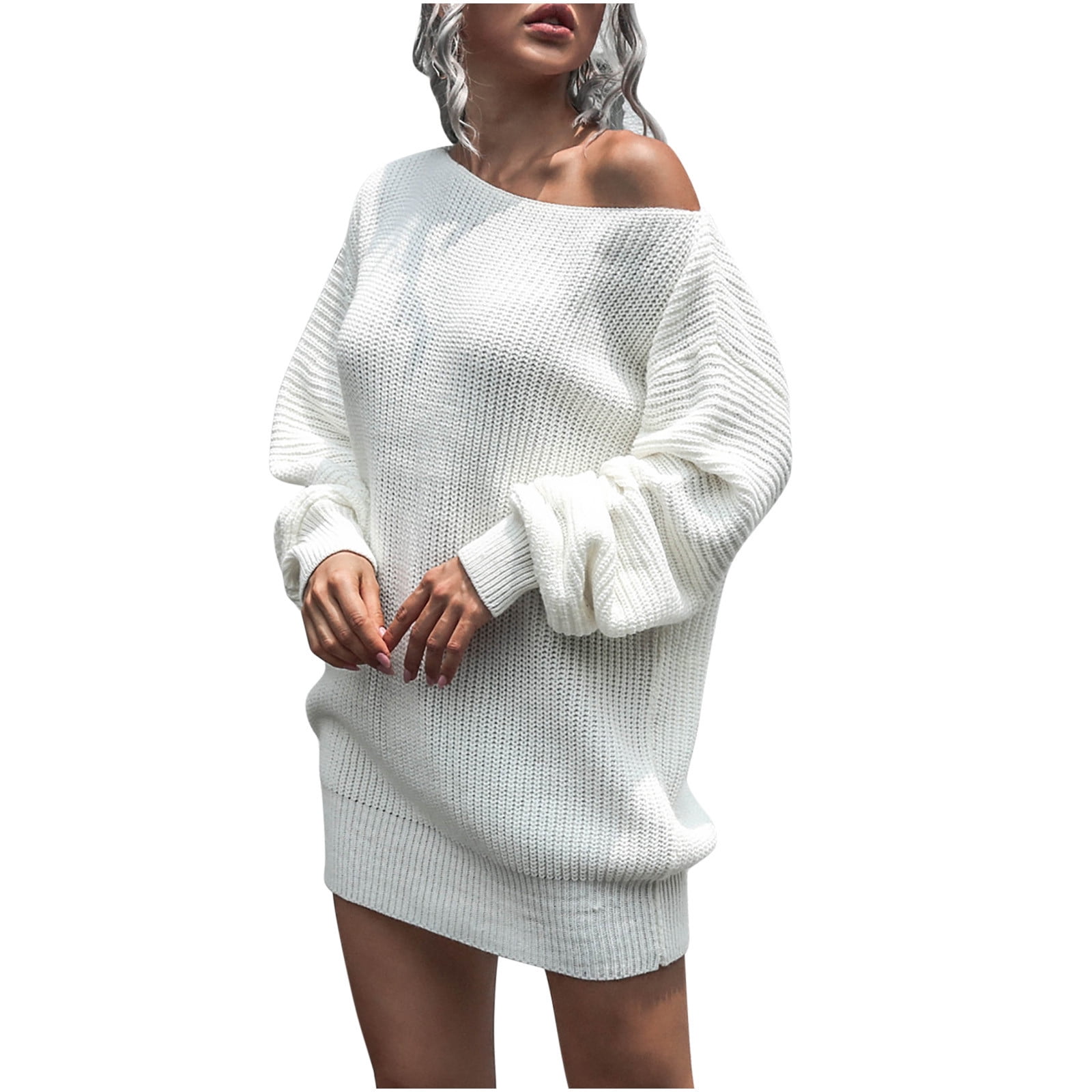 Sentmoon Casual Sweater Dress for Women Long Sleeve Off Shoulder Fall Dresses for Women 2024 Cold Shoulder Fashion Knitted Short Dresses,Fit & Flare Workout A-line Dresses White L