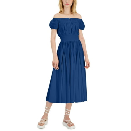 INC International Concepts Womens Cotton Off The Shoulder Midi Dress Blue Marine XS