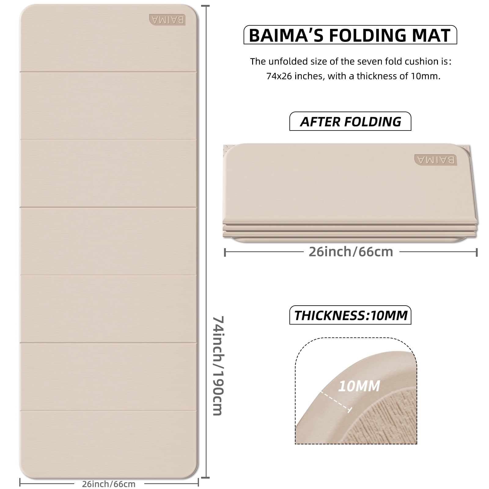 BAIMA Foldable Yoga Mat 10mm Thick , Workout Mats for Home Gym , Pilates,Quick Unfold/Stor,Non-Slip Surface,3.5lbs(Beige)