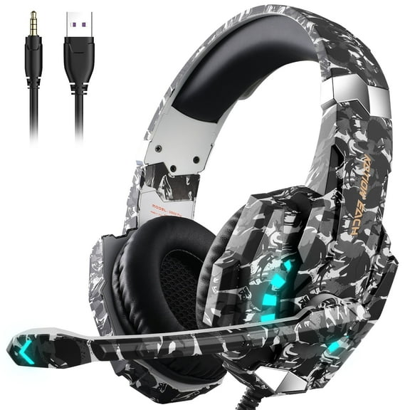 Gaming Headset Wired for PS5/PS4/PC/Switch Controller,Stereo Noise Cancelling Over Ear Headphones with Mic LED Light Bass Surround,CamoGray