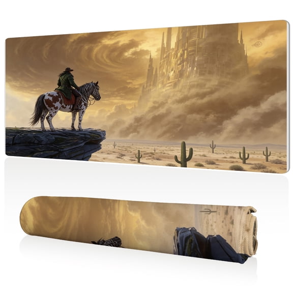 LIVEKEY Extra Large Mouse Pad Rider on Horse at Cliff with Fantasy Castle Design 80x40x0.3cm Full Desk Coverage Non Slip Durable Easy Clean Stitched Edges for Gaming and Office