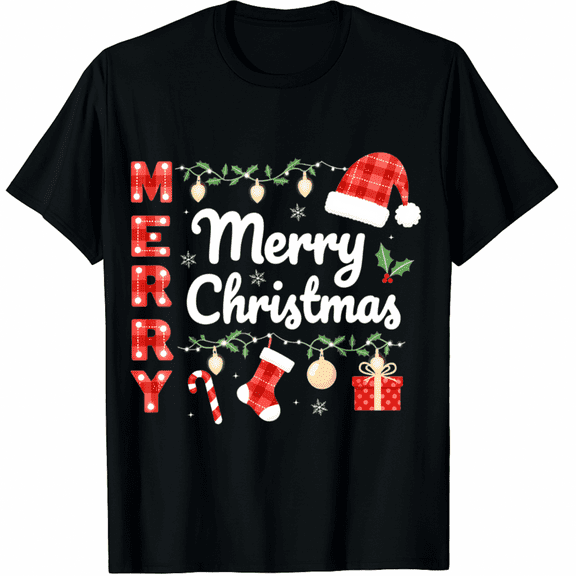 Merry Christmas Red Santa Hat Reindeer Xmas Matching Family T-Shirt for Men and Women