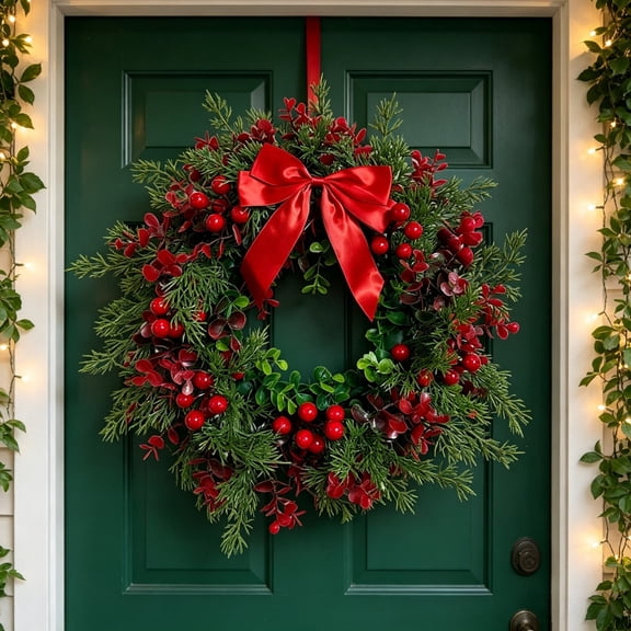 Christmas Bow Wreath Front Door Decor, Red Berry Wreath with Greenery Leaf for Front Door, Outdoor Indoor Holiday Decor, bldnkj, 1 Pack 15.75 Inch